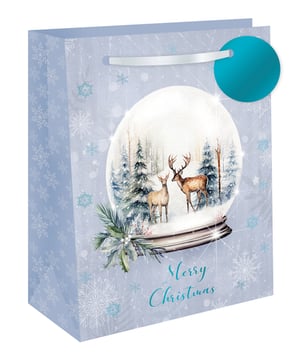 a merry christmas bag with two deer in a snow globe