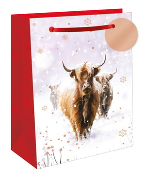 a gift bag with a picture of a herd of yaks in the snow