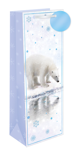 a blue gift bag with a polar bear on it