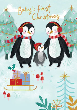 a baby 's first christmas card with penguins on it