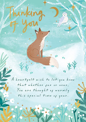 a card that says thinking of you with a fox on it