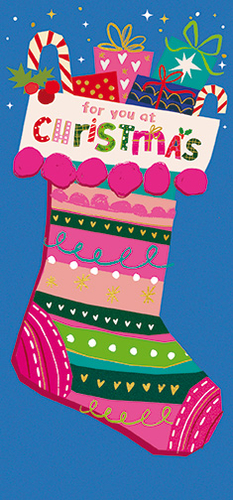a pink christmas stocking with candy canes and gifts says for you at christmas