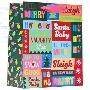 a christmas gift bag that says feeling merry on the naughty list