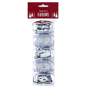 A pack of silver ribbons with Christmas trees on the package.