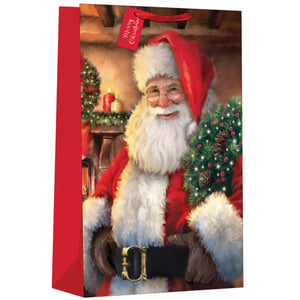 a santa claus gift bag with a tag that says merry christmas