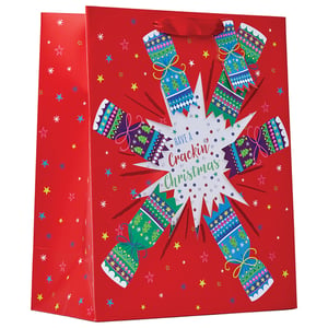 a red gift bag that says have a crackin ' christmas