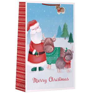 a merry christmas gift bag with santa and two cows