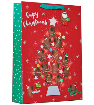 a red and green gift bag that says capy christmas