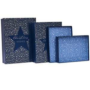 three blue boxes with christmas wishes written on them