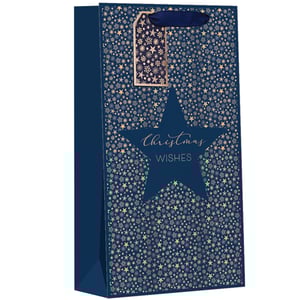 a blue christmas wishes bag with gold stars and snowflakes