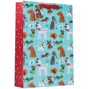 a christmas gift bag with dogs and cats on it