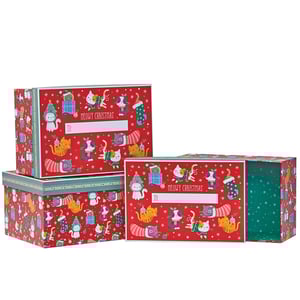 three red boxes with cats on them that say merry christmas