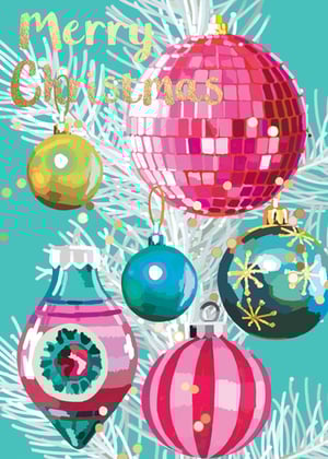 a merry christmas card with a disco ball and ornaments
