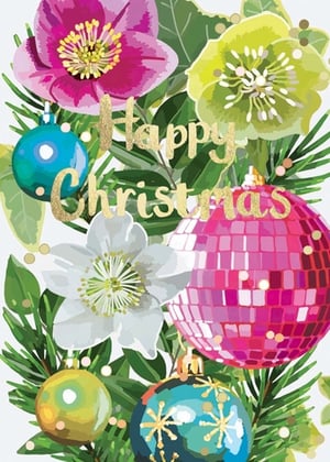 a christmas card with a disco ball and flowers says happy christmas