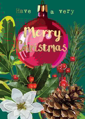 a merry christmas card with a red ornament and pine cones