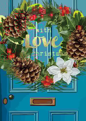 a blue door with a christmas wreath on it