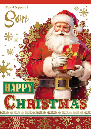 a christmas card for a special son shows santa holding a gift