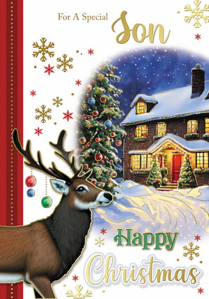 a christmas card for a special son with a deer in front of a house