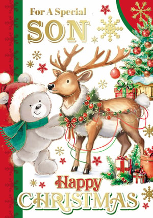a christmas card for a special son with a reindeer and a teddy bear