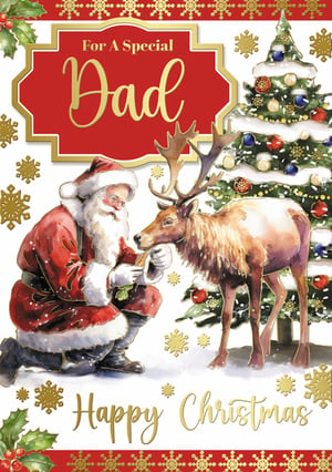 a christmas card for a special dad shows santa feeding a reindeer