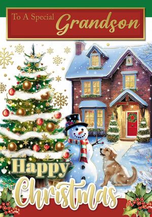 a christmas card for a special grandson with a snowman and a dog