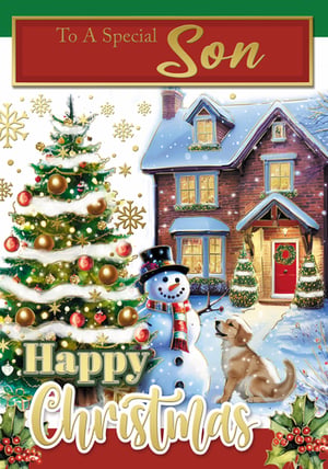 a christmas card for a special son with a snowman and a dog