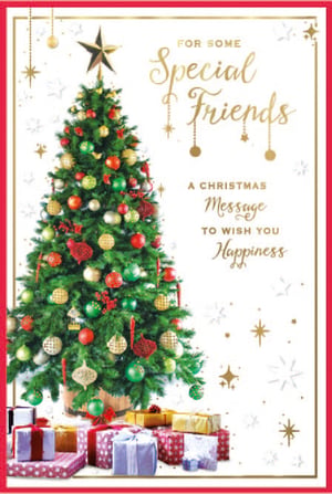 a christmas card for special friends with a christmas tree and presents