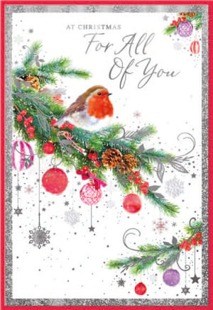 a christmas card with a bird on a branch that says " at christmas for all of you "