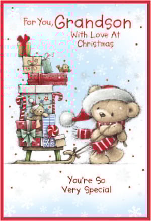 a christmas card for grandson with a teddy bear pulling a sled full of presents