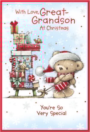a christmas card for a great grandson with a teddy bear pulling a sled full of presents