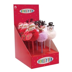a box of novelty pens with santa reindeer and snowman on them