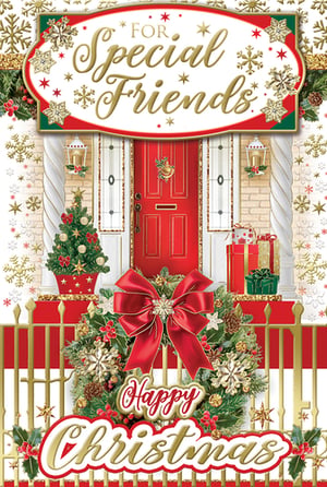 a christmas card for special friends with a red door