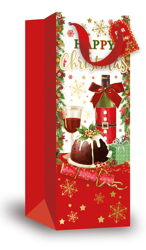 a red christmas gift bag with a bottle of wine a pudding and a glass of wine