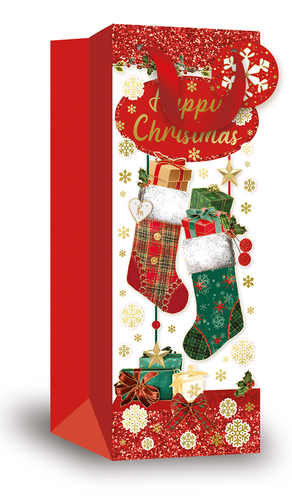 a red and white christmas bag that says happy christmas