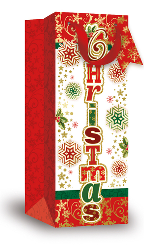 a red and white christmas gift bag that says merry christmas