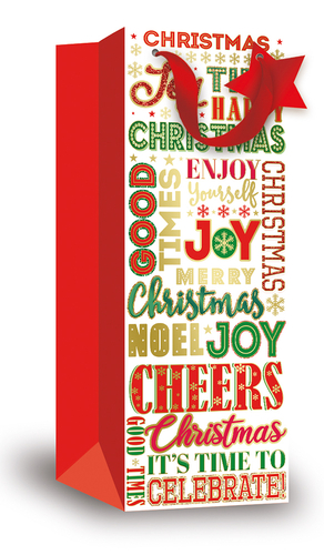 a red and white christmas gift bag that says christmas it 's time to celebrate