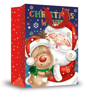 a christmas gift bag with santa and reindeer on it