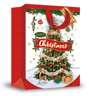 a red christmas gift bag with a christmas tree on it