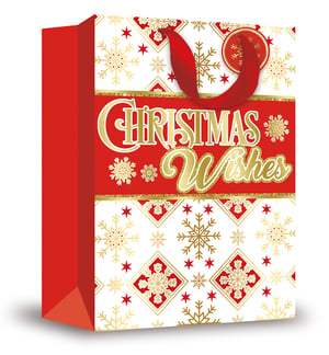a red and white christmas wishes bag with gold snowflakes