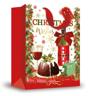 a christmas wishes bag with a bottle of wine