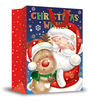 a christmas gift bag with santa and reindeer on it