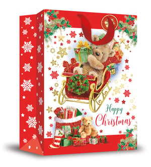 a christmas bag with a teddy bear in a sleigh and the words happy christmas