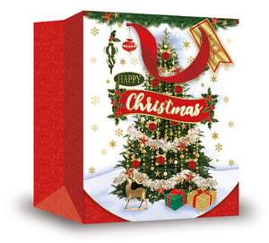 a red christmas bag with a christmas tree on it