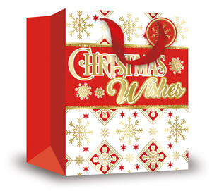 a red and white christmas wishes bag with gold snowflakes