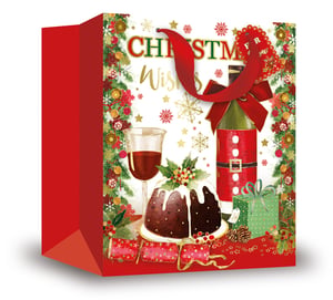 a christmas gift bag with a red handle