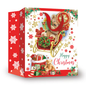 a christmas bag with a teddy bear in a sleigh and the words happy christmas