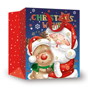 a christmas gift bag with santa and reindeer on it
