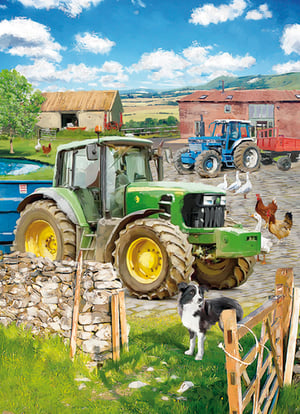 a painting of a farm with tractors and ducks