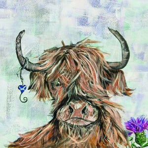 a painting of a highland cow with a thistle in the background .