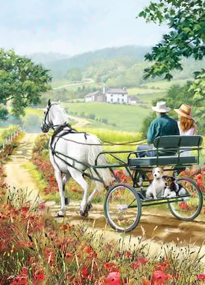 a painting of a horse drawn carriage with people and a dog